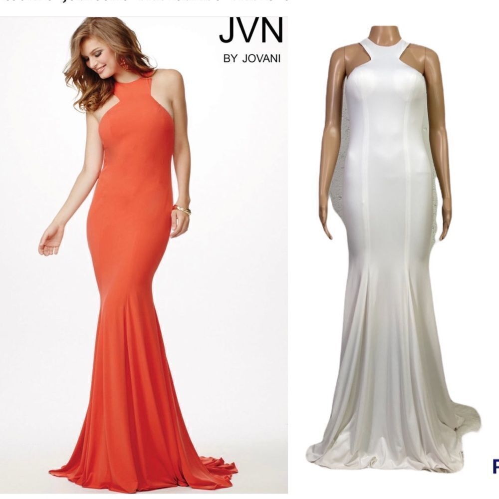 NEW JOVANI JVN35096 white satin halter fitted mermaid maxi gown dress 00